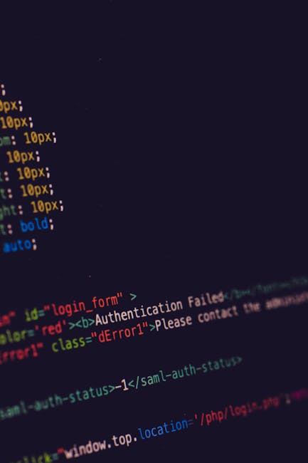The image depicts a computer screen displaying a web development code editor with lines of HTML and CSS code visible in various colors, including yellow, red, green, blue, and purple, against a dark b